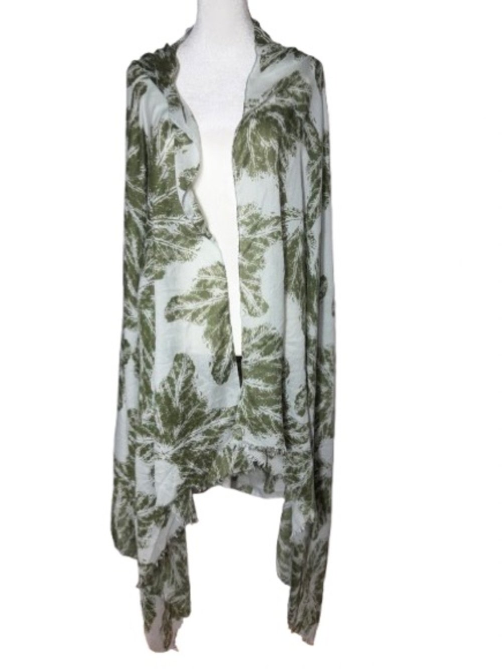 Lightweight Olive Leaf & White Print Botanical Open Cardigan Scarf Poncho, Shawl